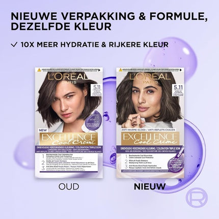 Vopsea de par permanenta, L'Oréal Paris, Excellence Cool Creams 5.11, Ultra Saten Cenusiu Deschis