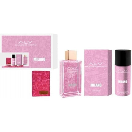 Set Cadou Parfum Alviero Martini Milano, 100ml + Deodorant Spray 150ml + Portofel, Culoare roz