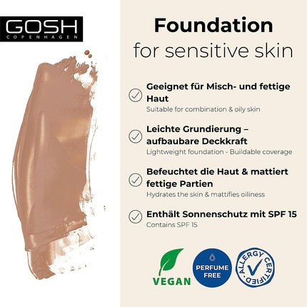 Fond de ten mat GOSH, SPF 15, Vegan, 014R, pentru piele uscată, sensibilă și grasă