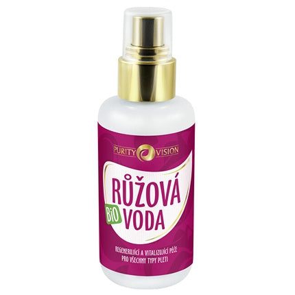 Toner Purity Vision, Apă de Trandafir Bio 50ml, Sticlă Albă cu Pulverizator Auriu