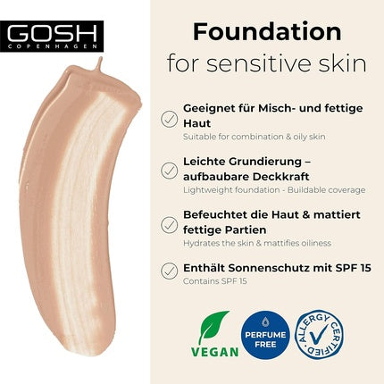 Fundant GOSH, Vegan Mattifying Makeup, SPF 15, pentru piele uscată și sensibilă, 30 ml