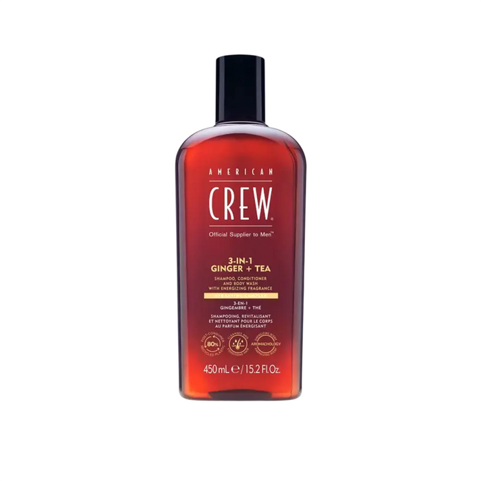 Șampon, balsam și gel de duș 3-în-1 American Crew 3-In-1 Ginger + Tea Tree, 450 ml
