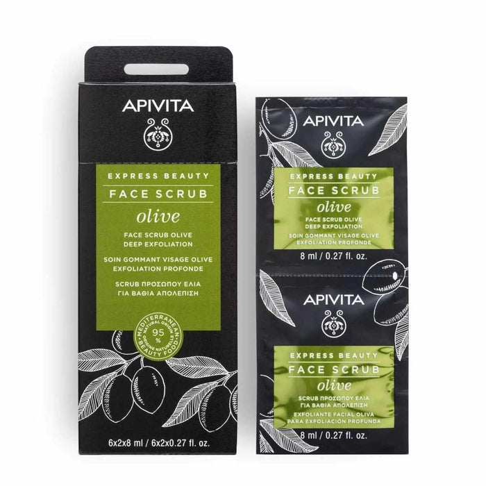 Scrub pentru față Apivita Express Beauty Olive, exfoliant, purifiant, 2 x 8 ml