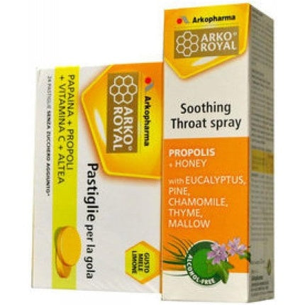 Spray pentru Gât și Pastile Arkopharma Arko Royal, Propolis și Miere, cu Eucalipt, Pin, Mușețel, Cimbru, Malva, Gust Lămâie, 30ml Spray + 24 Tablete