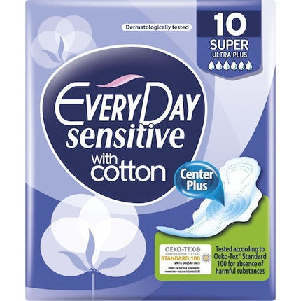 Feminine Sanitary Pads, Mega Everyday Sensitive Super Ultra Plus, 10 Pieces, Cotton, Center Plus