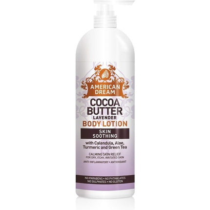 Loțiune de corp cu unt de cacao American Dream, Lavender, 16oz (500g), ambalaj alb cu pompă, formulă calmantă