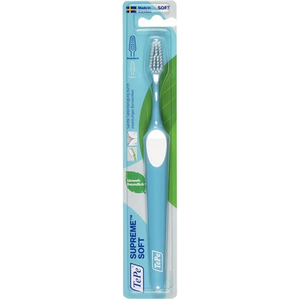 Periuță de dinți TePe Supreme Soft, formă conică, peri scurți și lungi pentru curățare delicată