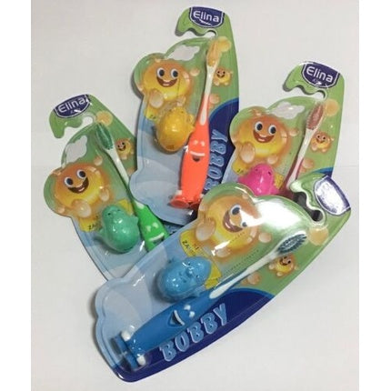 Periuță de dinți Elina Bobby Smile, 14 cm, cu suport jucărie