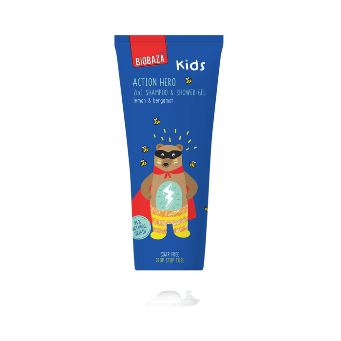 Gel de duș și șampon 2 în 1 Biobaza Kids Action Hero, cu lămâie și bergamotă, 250 ml