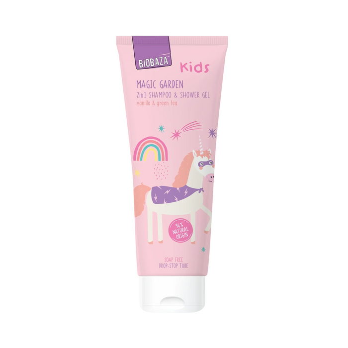 Gel de duș și șampon 2 în 1 Biobaza Magic Garden Kids, cu vanilie și ceai verde, 250 ml