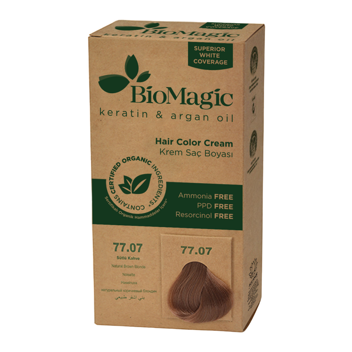 Vopsea permanentă de păr Biomagic Keratin & Argan Oil, nuanța 77.07, 250 ml, tester