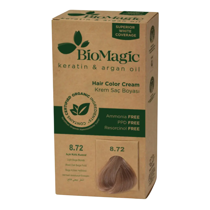Vopsea permanentă de păr Biomagic Keratin & Argan Oil, nuanța 8.72, cu keratină și ulei de argan, 250 ml, tester