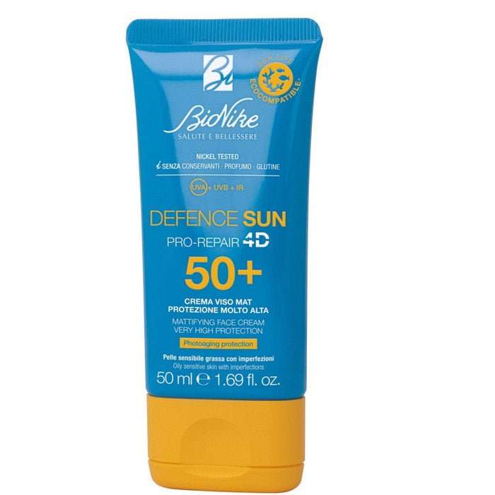 Cremă de față BioNike Defence Sun Pro-Repair 4D, matifiantă, pentru ten sensibil și gras cu imperfecțiuni, SPF 50+, 50 ml
