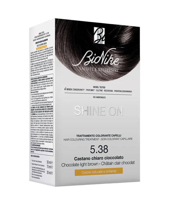 Vopsea permanentă de păr BioNike Shine On, nuanța 5.38 Light Chocolate Brown, 145 ml