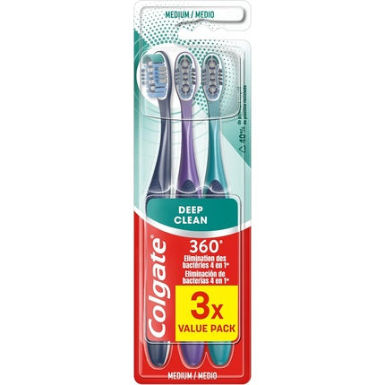 Periuță de dinți Colgate 360 Deep Clean Medium, set 3 bucăți, culori mixte (albastru, mov, verde)