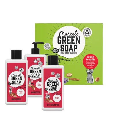 Set Cosmetice Marcel's Green Soap Argan & Oudh, Asortiment cu Șampon, Gel de Duș și Săpun de Mână