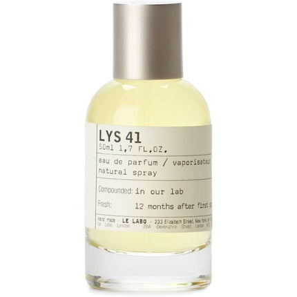 Eau de parfum Le Labo Lys 41, flacon transparent cu lichid galben, dop metalic argintiu