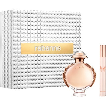 Set cadou parfum femei Paco Rabanne Olympea, ambalaj argintiu, sticlă transparentă cu lichid roz