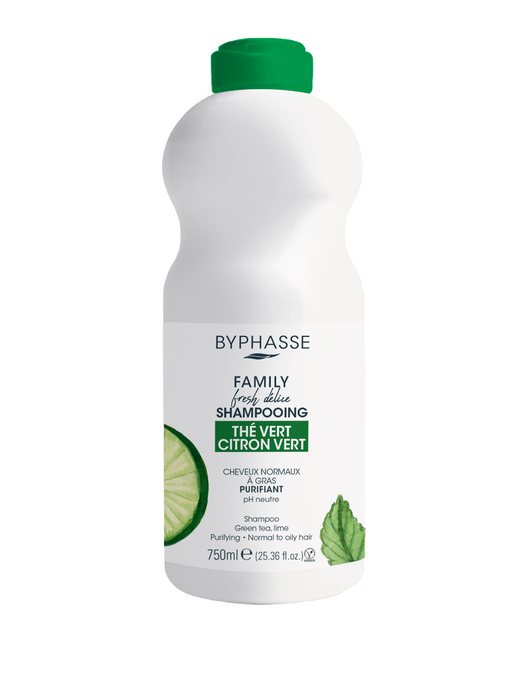 Șampon Byphasse Family, purifiant, pentru păr normal, cu ceai verde, 750 ml, tester