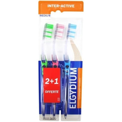 Periuță de dinți Elgydium Inter-Active Medium, set 3 buc, verde, roz, albastru