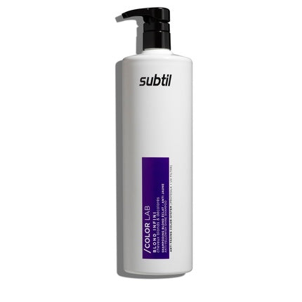 Subtil Color Lab Care Blond Shampoo, Sticlă 1000 ml, pompă neagră, etichetă violet