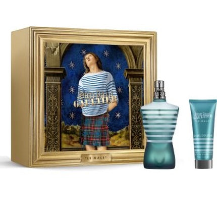 Set Parfum Jean Paul Gaultier Le Male, Sticlă turcoaz, Design cu dungi, Cutie aurie