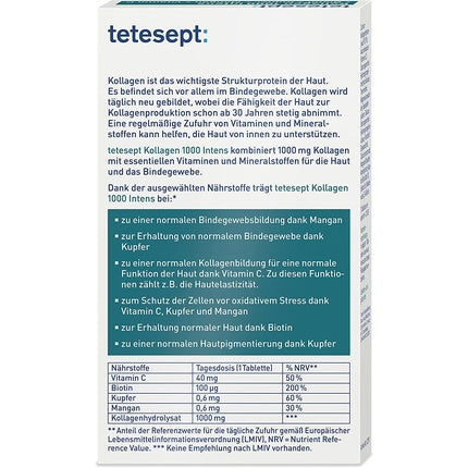 Supliment Nutrițional, Tetesept Kollagen 1000 Intens, Vitamina C, Biotină, Cupru și Mangan pentru sănătatea pielii, 30 Comprimate