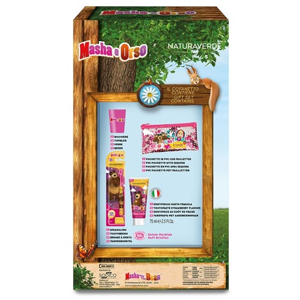 Set îngrijire dentară Naturaverde Kids Masha & Bear cu periuță de dinți și pastă de dinți căpșuni