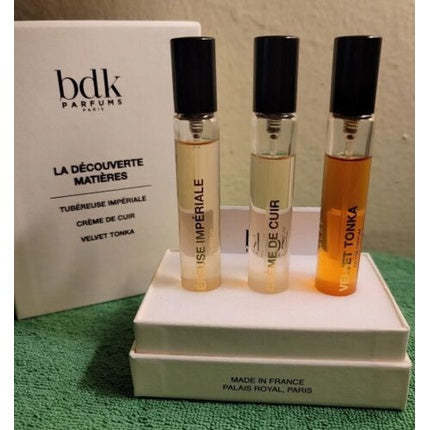 Set Parfumuri BDK Parfums, La Découverte Matières, Tubereuse Impériale, Crème de Cuir, Velvet Tonka (3 x 7 ml)