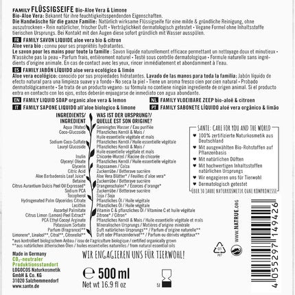 Săpun lichid pentru mâini cu Aloe Vera și Lămâie, Sante Naturkosmetik, 500 ml
