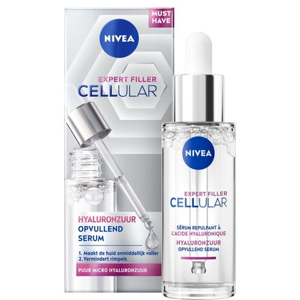 Serum Față Nivea Cellular Expert Filler, 30 ml, Hialuronan, Ambalaj Alb și Argintiu