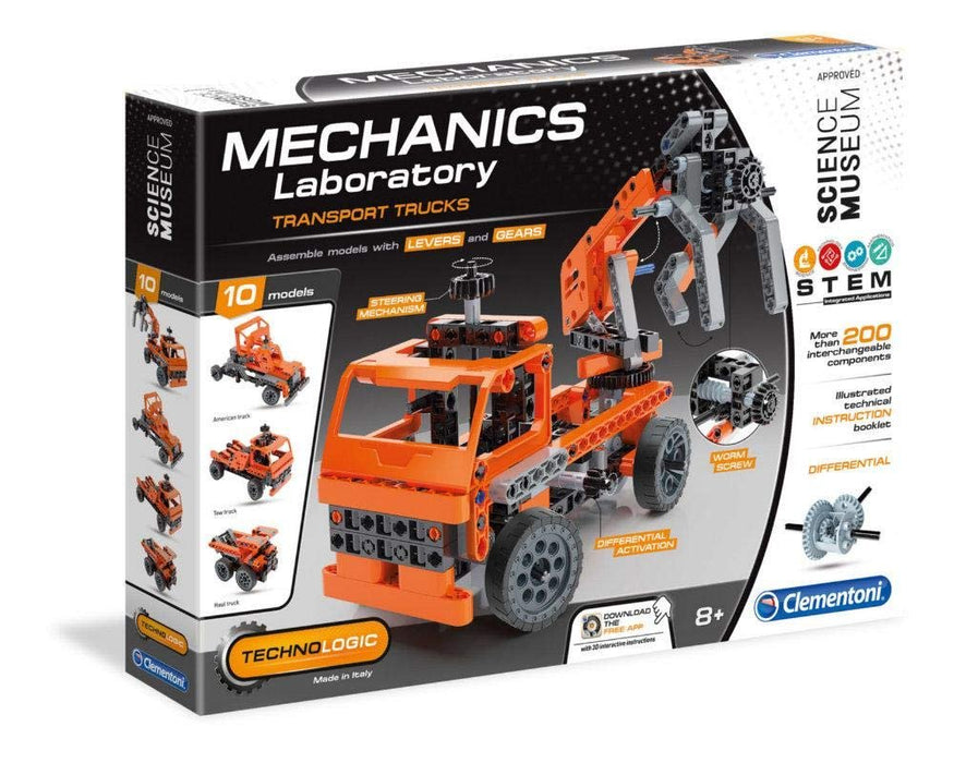 Set de construcție Clementoni Mechanics Laboratory Transport Trucks, 10 modele, peste 200 de componente, 8+ ani