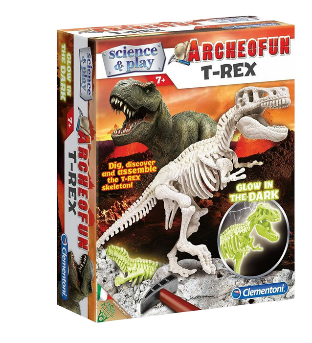 Set de excavare și asamblare Clementoni Science & Play Archeofun T-Rex, schelet fosforescent, de la 7 ani