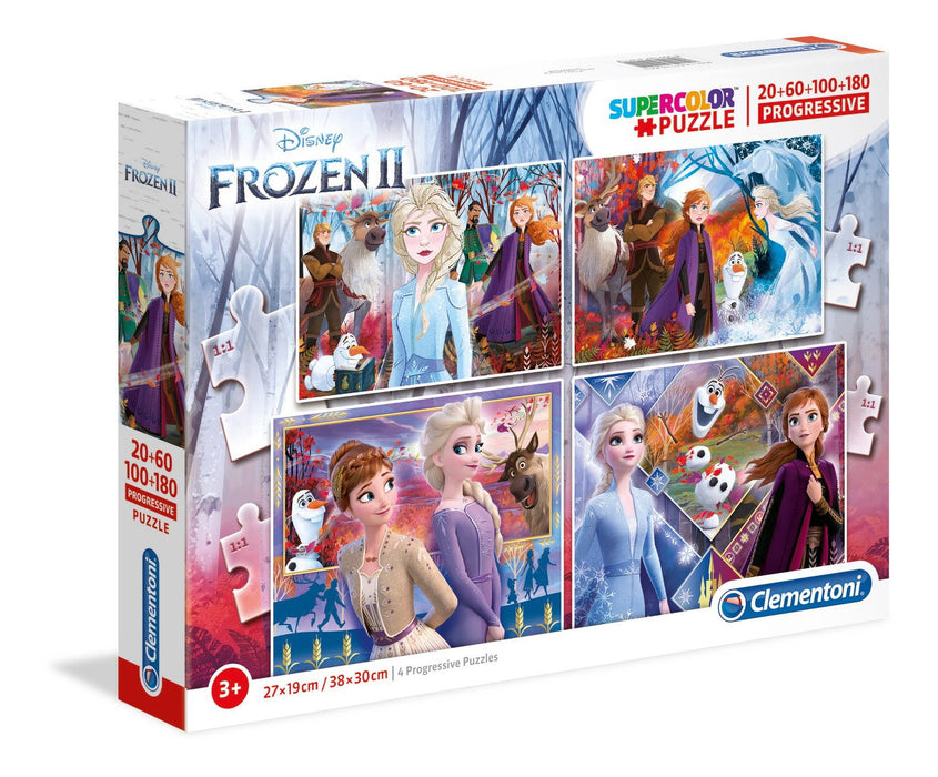Set puzzle Clementoni Supercolor Frozen II, 4 puzzle-uri progresive, 20, 60, 100 și 180 piese
