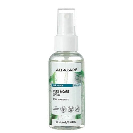 Spray curățare păr și corp, Alfaparf Milano, Pure & Care Spray, 100ml, ambalaj transparent cu etichetă verde și alb