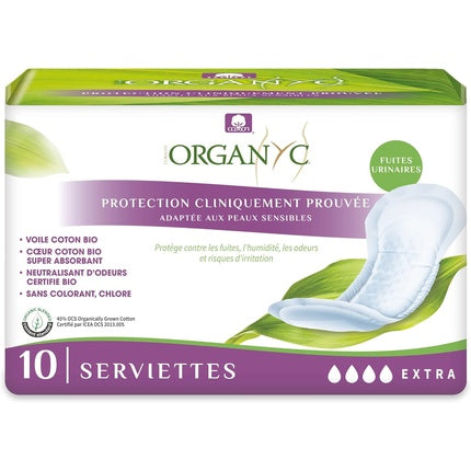 Serviete de Incontinenta Organyc, Flux Extra, Coton Bio, Fără Parfum, Pachet 10 buc