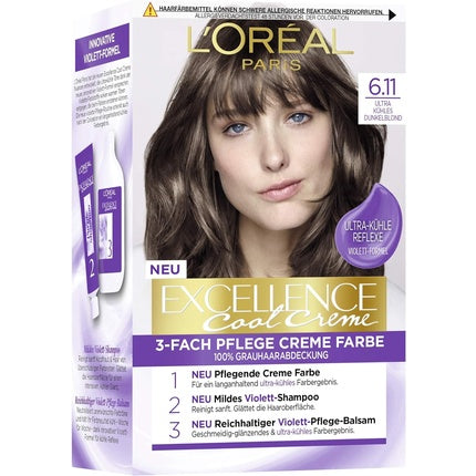 Vopsea de păr L'Oréal Paris Excellence 6.11 Ultra Ash Dark Blonde, cutie cu 3 componente