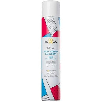 Spray fixator păr Alfaparf Milano Yellow Style Extra Strong Hairspray, alb cu design geometric multicolor, 500 ml
