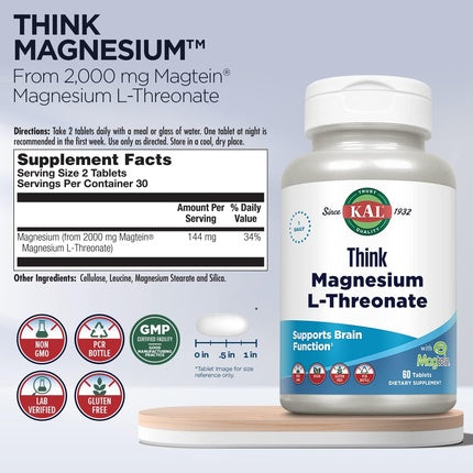 Kal Think Magnesium L-Threonate, 2000 mg, 60 tablete, pentru sănătatea creierului