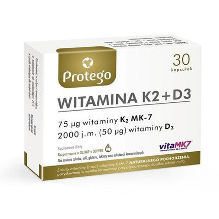 Protego Vitamina K2+D3, 30 Capsule, 75 mcg K2 MK-7 + 2000 UI D3