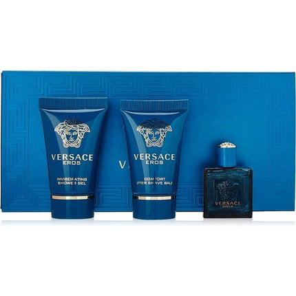 Set cadou parfum Versace Eros, miniatură 3 piese, 5ml + gel de duș 75ml