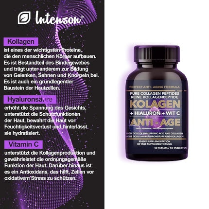 Supliment Intenson, Anti-Age, colagen, hialuron, vitamina C, 60 tablete