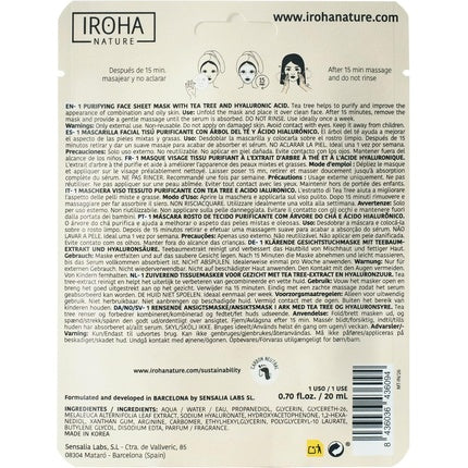 Iroha Nature Purifying Facial Mask cu Arbore de Ceai și Acid Hialuronic, 20 g
