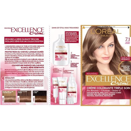 Crema colorantă pentru păr, L'Oréal Paris, Excellence Creme 7.1 Blond Cenș, ambalaj dublu