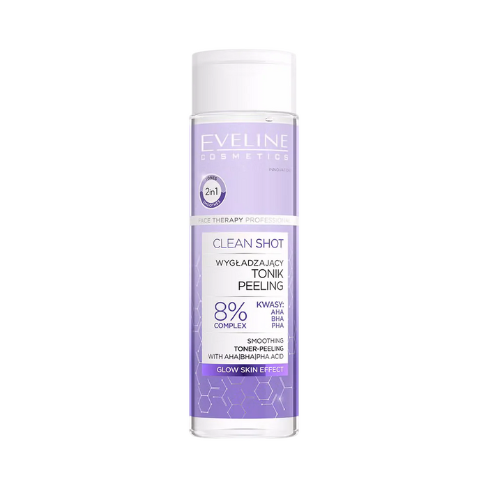 Loțiune tonică Eveline Cosmetics Clean Shot, exfoliantă cu AHA, BHA și PHA, 8%, 200 ml
