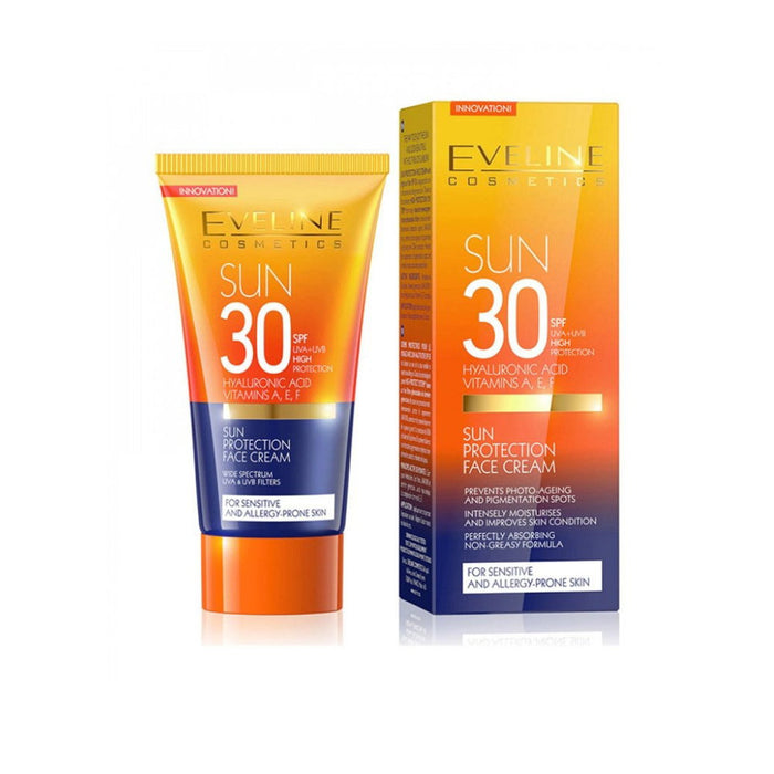Cremă de față Eveline Cosmetics Sun Protect, SPF 30, cu acid hialuronic, 50 ml