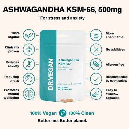 Supliment alimentar Dr. Vegan Ashwagandha KSM-66, 30 capsule, 500mg