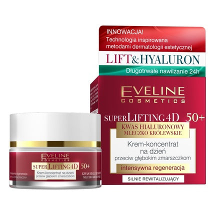 Cremă de zi Eveline Super Lifting 4D, 50+, concentrat cu acid hialuronic și lapte regal, 50ml