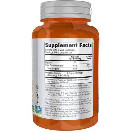 Supliment Nutrițional NOW Foods D-Ribose 750mg 120 Capsule