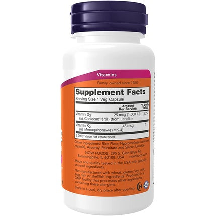 Suplimente Vitamine D3 și K2, Now Foods, 120 Capsule Vegetale, Suport Cardiovascular și Sănătatea Oaselor